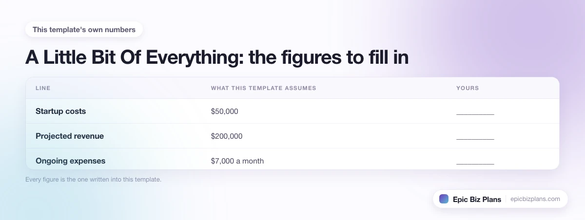 The startup cost, projected revenue and ongoing expenses this A Little Bit Of Everything template assumes, with a blank column to fill in.