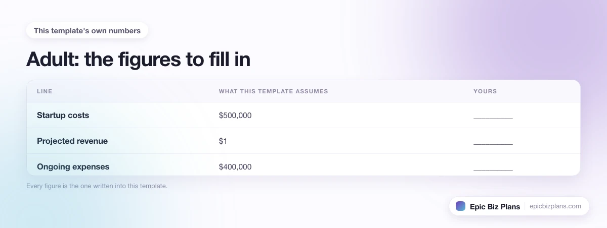 The startup cost, projected revenue and ongoing expenses this Adult template assumes, with a blank column to fill in.