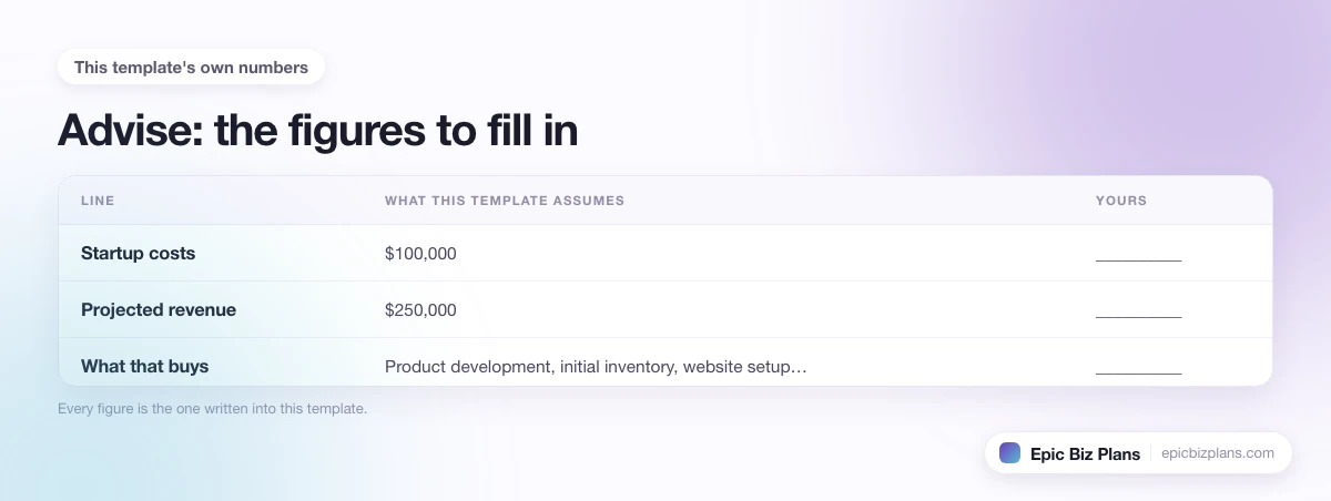 The startup cost, projected revenue and ongoing expenses this Advise template assumes, with a blank column to fill in.