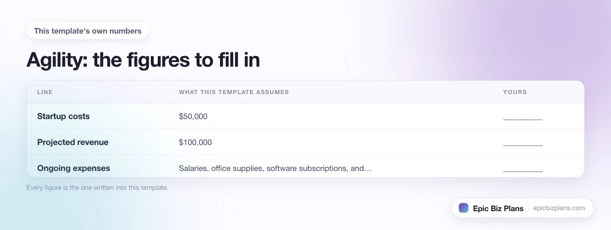 The startup cost, projected revenue and ongoing expenses this Agility template assumes, with a blank column to fill in.
