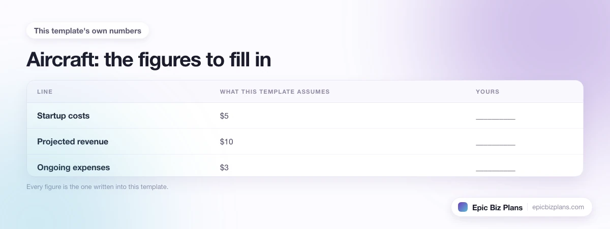 The startup cost, projected revenue and ongoing expenses this Aircraft template assumes, with a blank column to fill in.