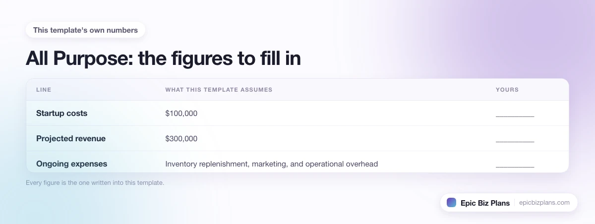 The startup cost, projected revenue and ongoing expenses this All Purpose template assumes, with a blank column to fill in.