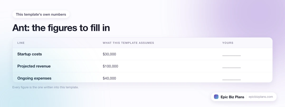 The startup cost, projected revenue and ongoing expenses this Ant template assumes, with a blank column to fill in.