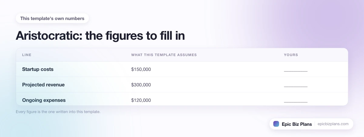 The startup cost, projected revenue and ongoing expenses this Aristocratic template assumes, with a blank column to fill in.