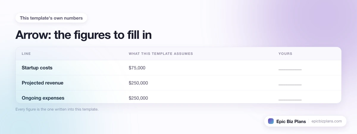 The startup cost, projected revenue and ongoing expenses this Arrow template assumes, with a blank column to fill in.