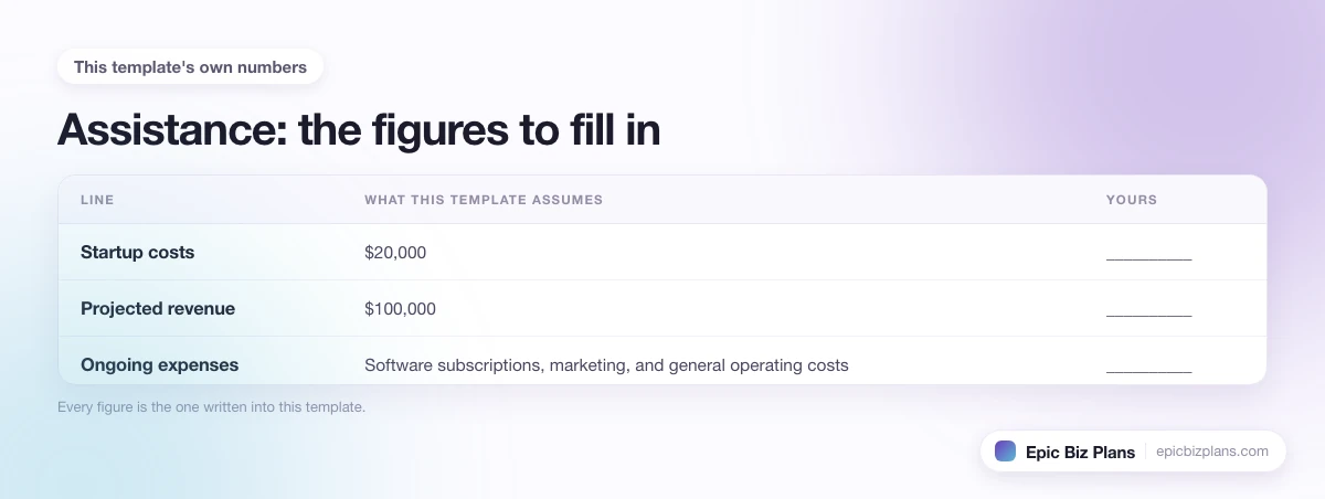 The startup cost, projected revenue and ongoing expenses this Assistance template assumes, with a blank column to fill in.