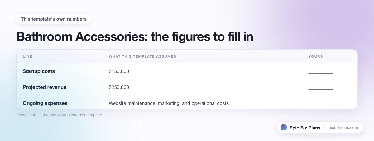 The startup cost, projected revenue and ongoing expenses this Bathroom Accessories template assumes, with a blank column to fill in.