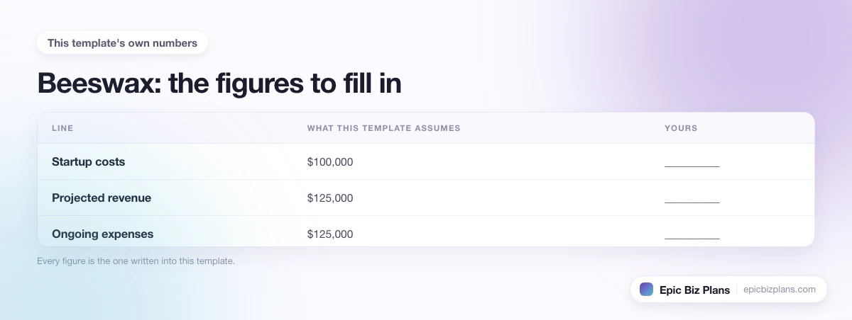 The startup cost, projected revenue and ongoing expenses this Beeswax template assumes, with a blank column to fill in.
