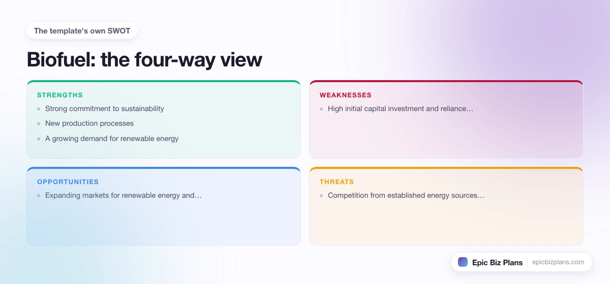 A four-quadrant SWOT grid for a Biofuel business: strengths, weaknesses, opportunities and threats.