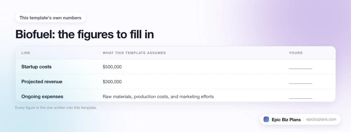 The startup cost, projected revenue and ongoing expenses this Biofuel template assumes, with a blank column to fill in.