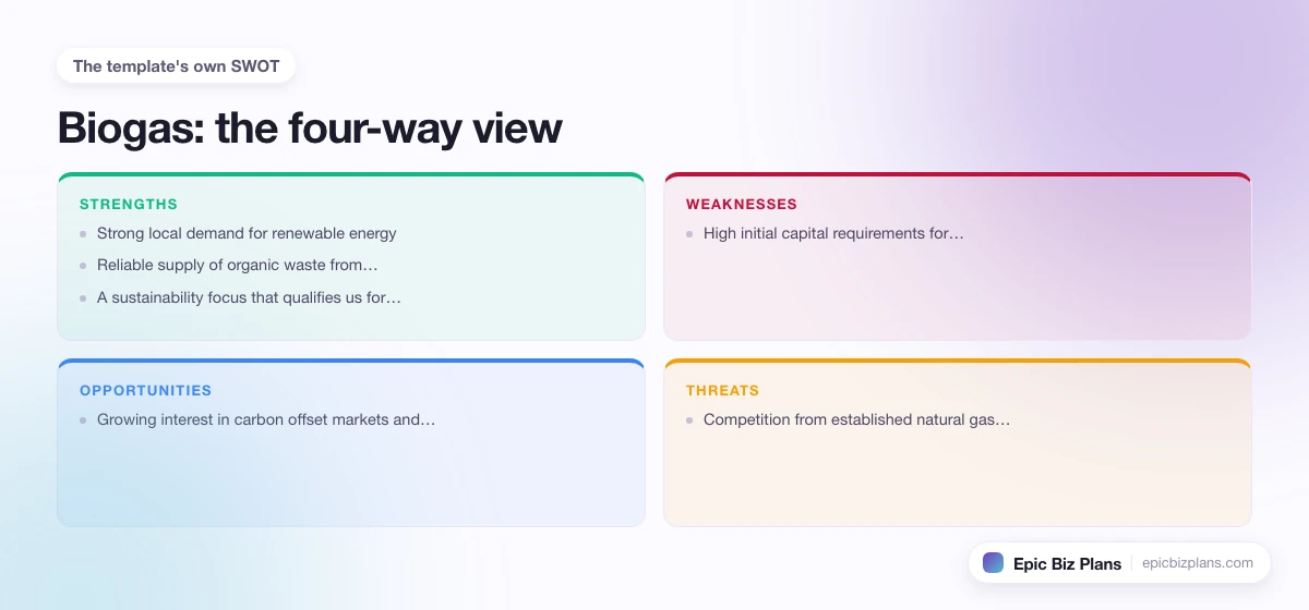A four-quadrant SWOT grid for a Biogas business: strengths, weaknesses, opportunities and threats.