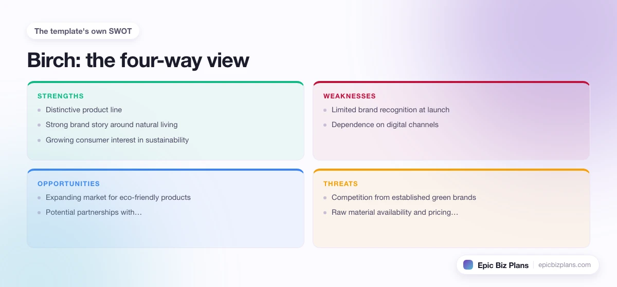 A four-quadrant SWOT grid for a Birch business: strengths, weaknesses, opportunities and threats.