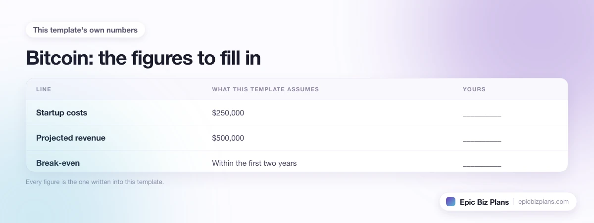 The startup cost, projected revenue and ongoing expenses this Bitcoin template assumes, with a blank column to fill in.
