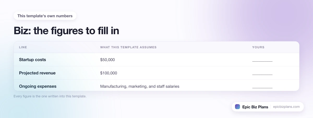 The startup cost, projected revenue and ongoing expenses this Biz template assumes, with a blank column to fill in.