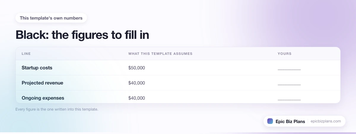 The startup cost, projected revenue and ongoing expenses this Black template assumes, with a blank column to fill in.