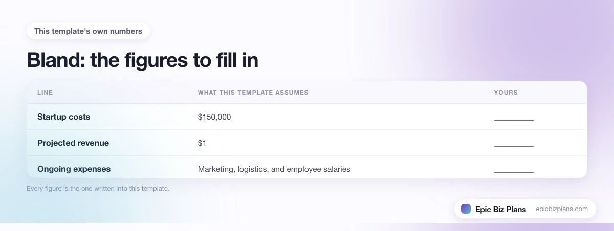 The startup cost, projected revenue and ongoing expenses this Bland template assumes, with a blank column to fill in.