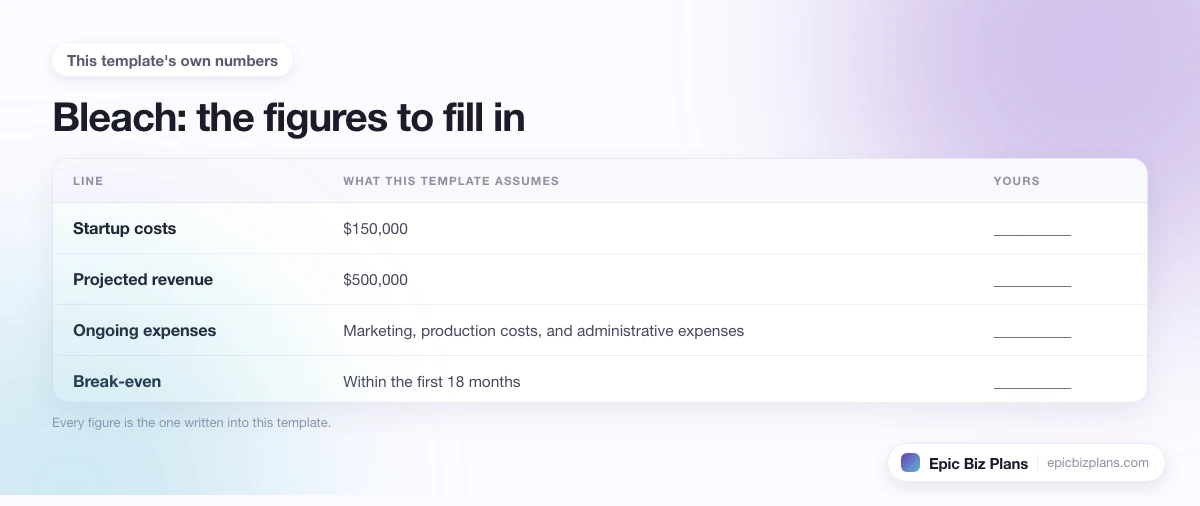 The startup cost, projected revenue and ongoing expenses this Bleach template assumes, with a blank column to fill in.