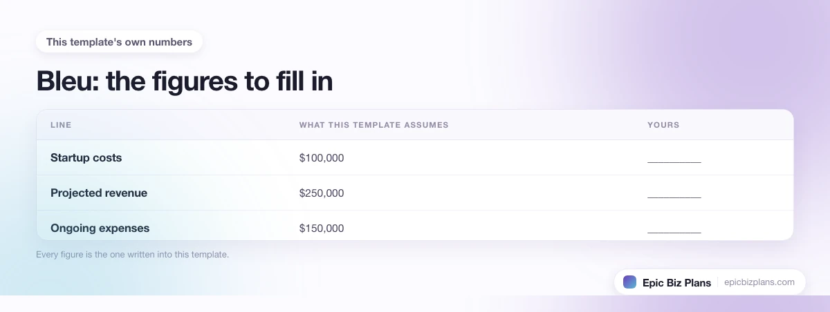 The startup cost, projected revenue and ongoing expenses this Bleu template assumes, with a blank column to fill in.