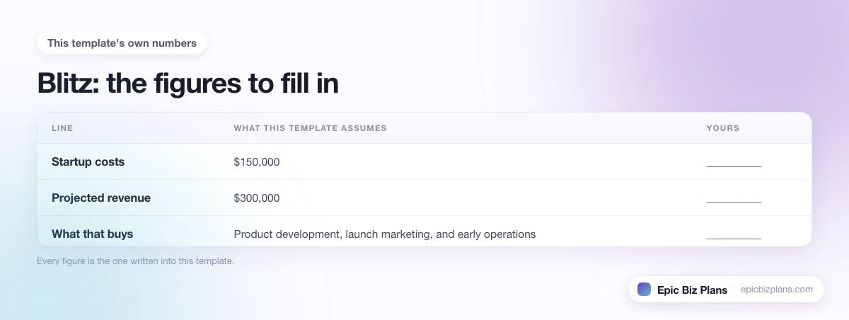 The startup cost, projected revenue and ongoing expenses this Blitz template assumes, with a blank column to fill in.