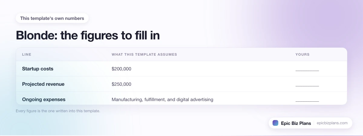 The startup cost, projected revenue and ongoing expenses this Blonde template assumes, with a blank column to fill in.