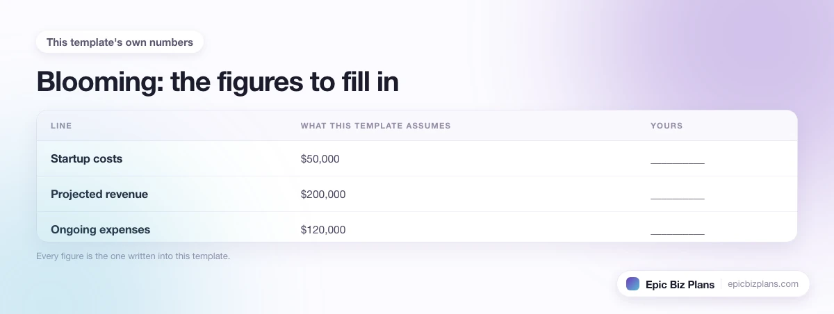 The startup cost, projected revenue and ongoing expenses this Blooming template assumes, with a blank column to fill in.