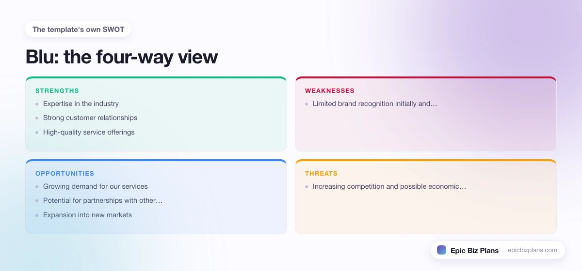 A four-quadrant SWOT grid for a Blu business: strengths, weaknesses, opportunities and threats.