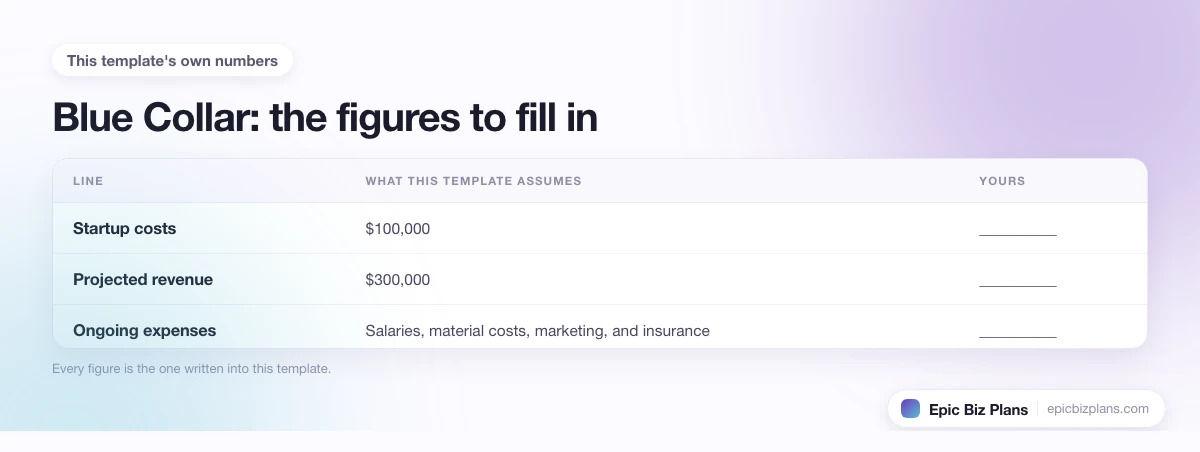 The startup cost, projected revenue and ongoing expenses this Blue Collar template assumes, with a blank column to fill in.