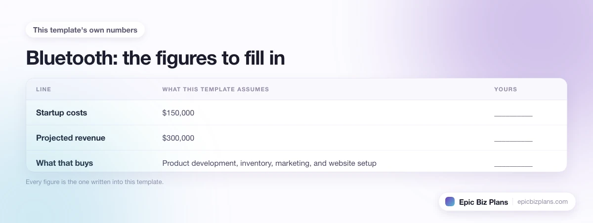 The startup cost, projected revenue and ongoing expenses this Bluetooth template assumes, with a blank column to fill in.