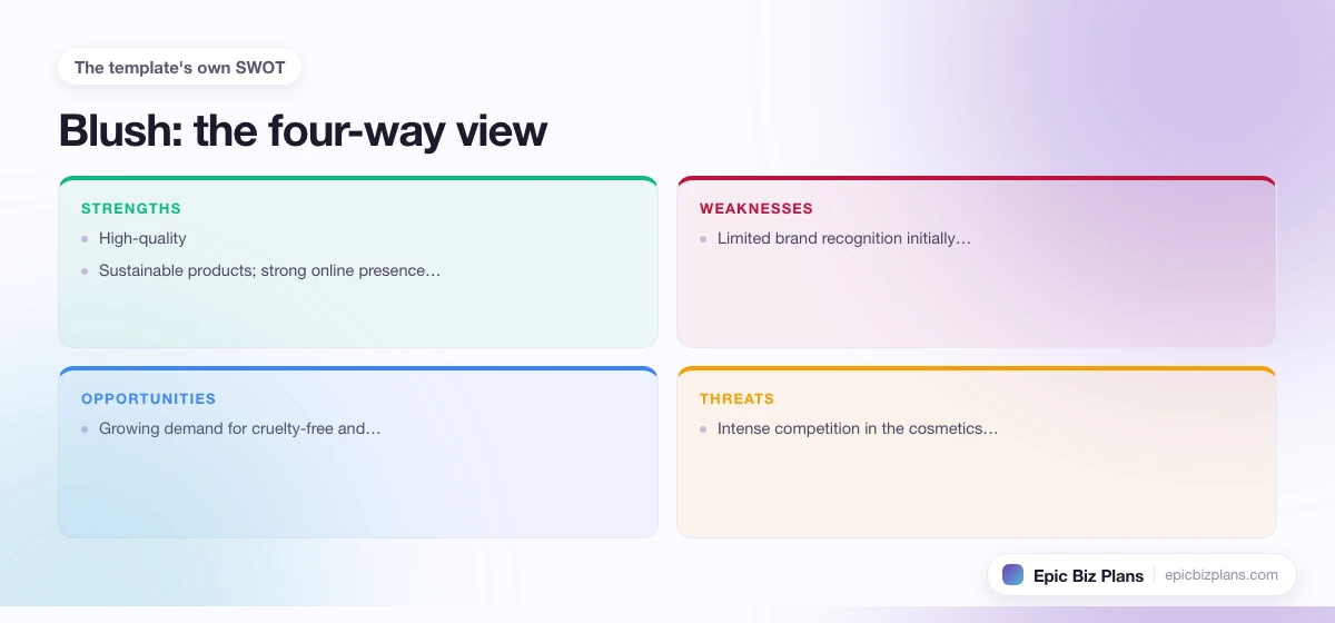 A four-quadrant SWOT grid for a Blush business: strengths, weaknesses, opportunities and threats.
