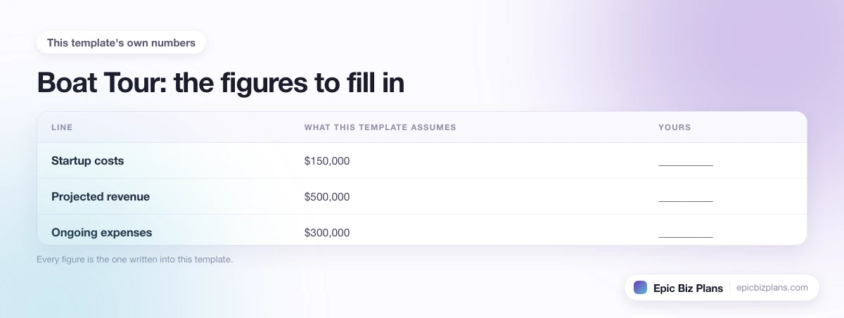 The startup cost, projected revenue and ongoing expenses this Boat Tour template assumes, with a blank column to fill in.
