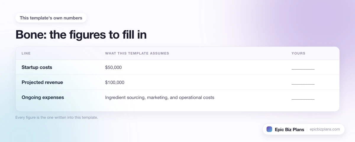 The startup cost, projected revenue and ongoing expenses this Bone template assumes, with a blank column to fill in.