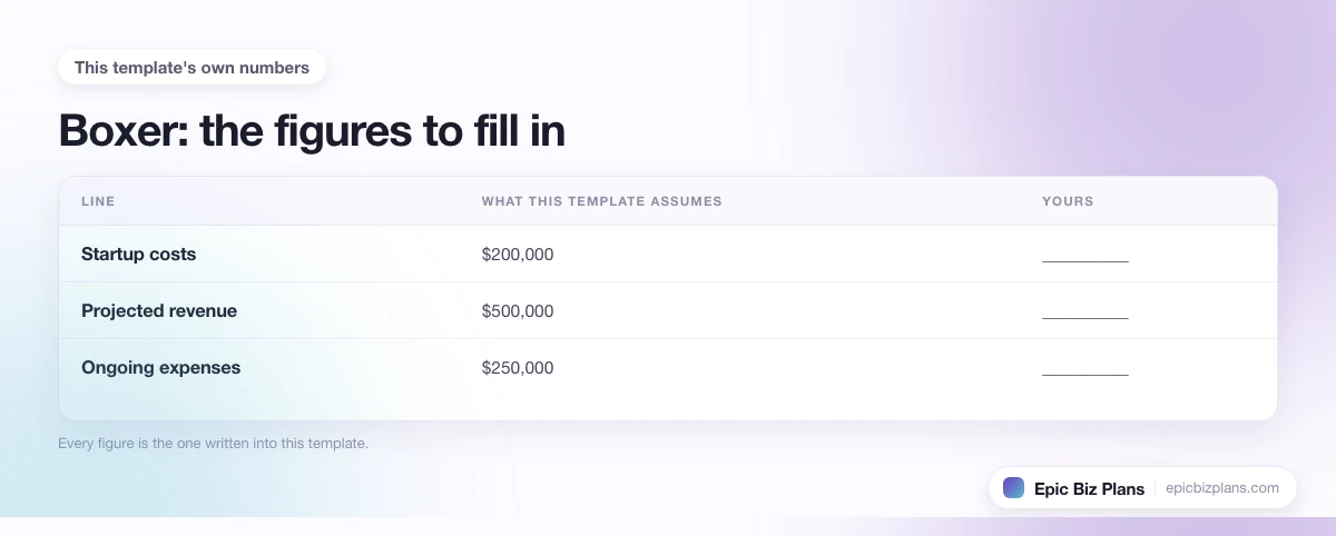 The startup cost, projected revenue and ongoing expenses this Boxer template assumes, with a blank column to fill in.
