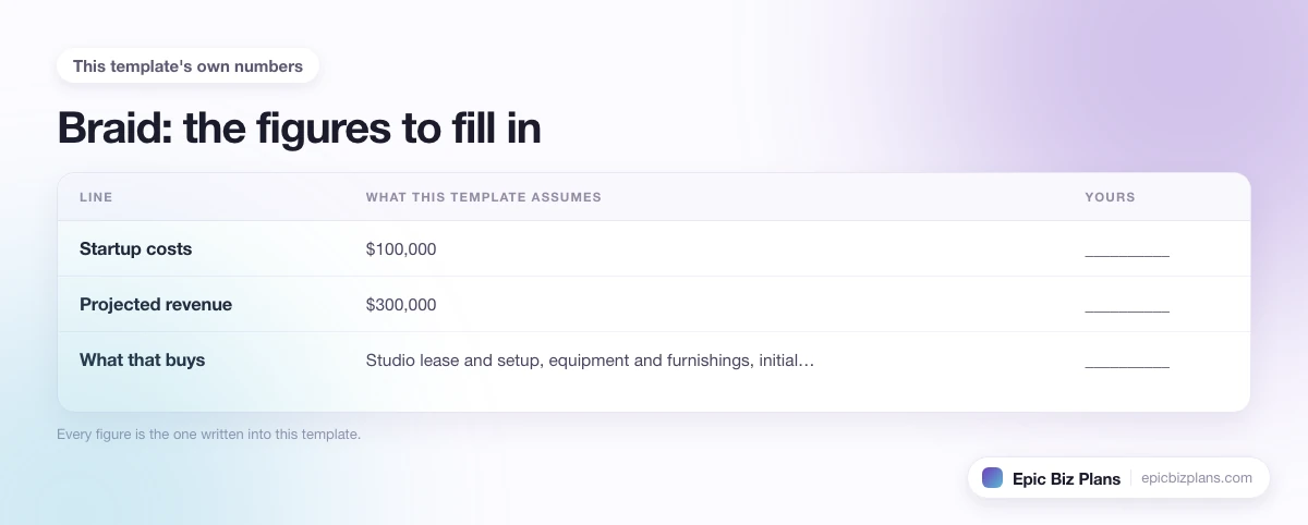 The startup cost, projected revenue and ongoing expenses this Braid template assumes, with a blank column to fill in.