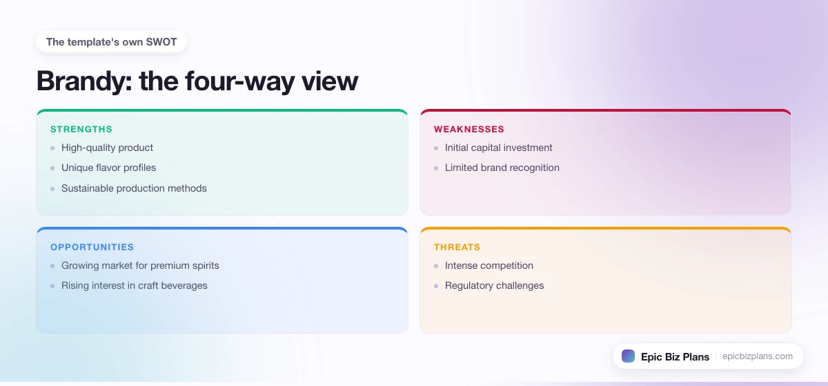 A four-quadrant SWOT grid for a Brandy business: strengths, weaknesses, opportunities and threats.