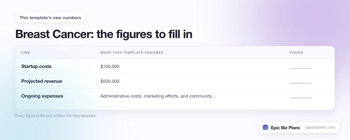 The startup cost, projected revenue and ongoing expenses this Breast Cancer template assumes, with a blank column to fill in.