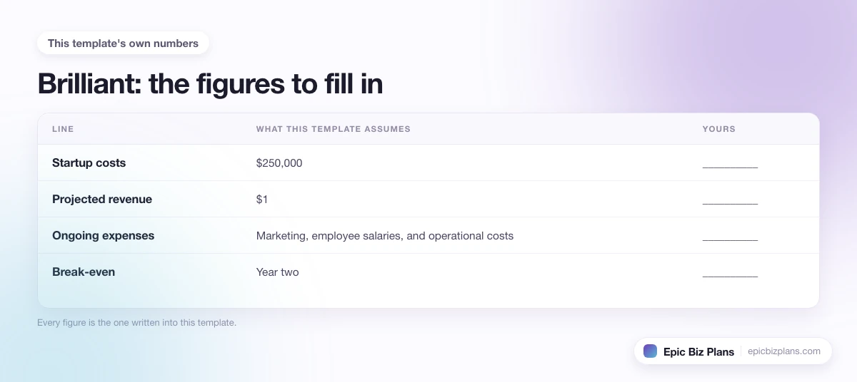 The startup cost, projected revenue and ongoing expenses this Brilliant template assumes, with a blank column to fill in.