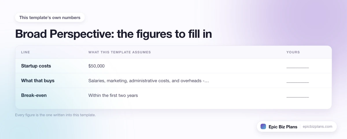 The startup cost, projected revenue and ongoing expenses this Broad Perspective template assumes, with a blank column to fill in.