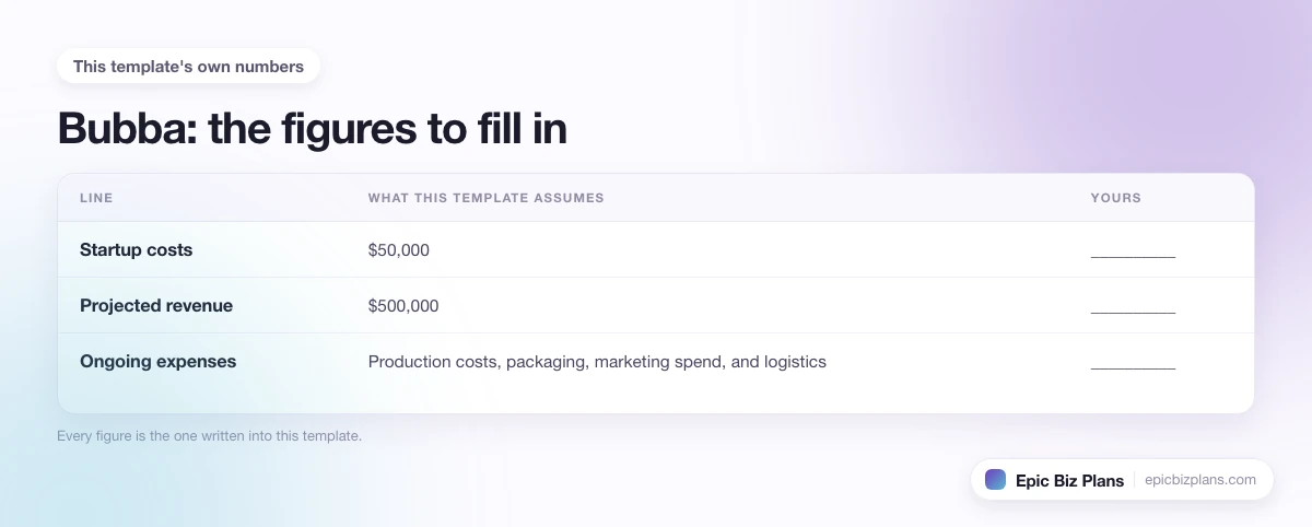 The startup cost, projected revenue and ongoing expenses this Bubba template assumes, with a blank column to fill in.