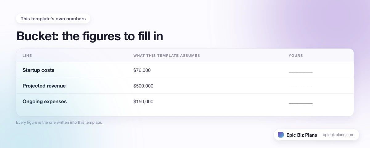 The startup cost, projected revenue and ongoing expenses this Bucket template assumes, with a blank column to fill in.