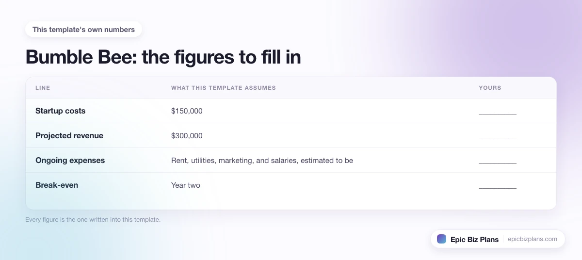 The startup cost, projected revenue and ongoing expenses this Bumble Bee template assumes, with a blank column to fill in.
