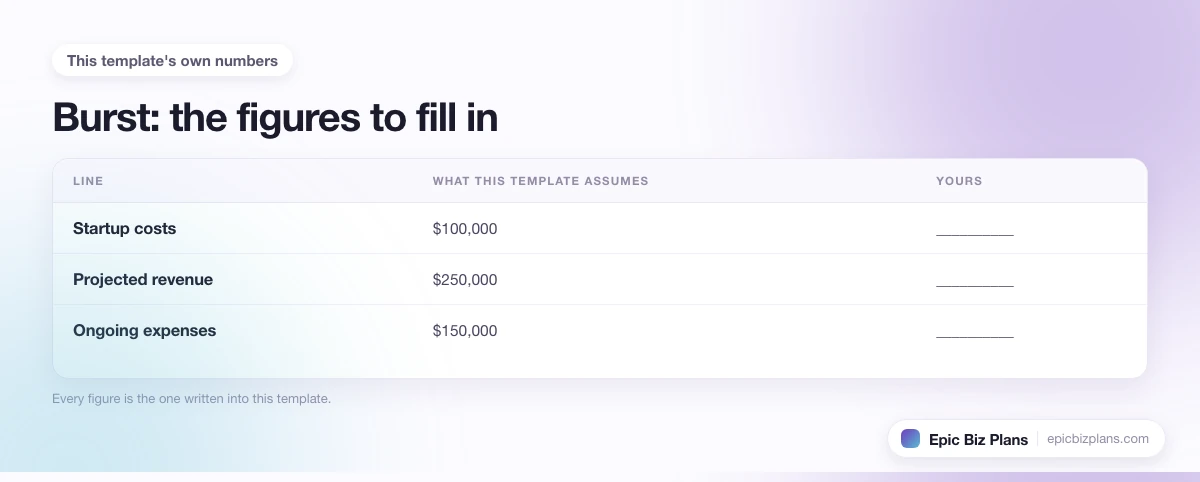 The startup cost, projected revenue and ongoing expenses this Burst template assumes, with a blank column to fill in.