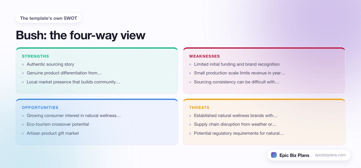 A four-quadrant SWOT grid for a Bush business: strengths, weaknesses, opportunities and threats.