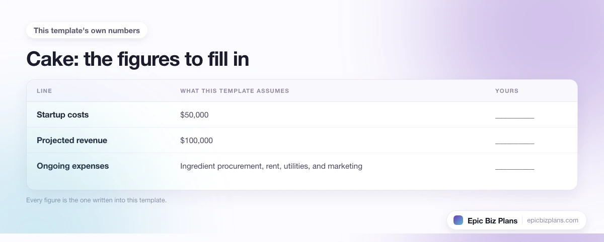 The startup cost, projected revenue and ongoing expenses this Cake template assumes, with a blank column to fill in.