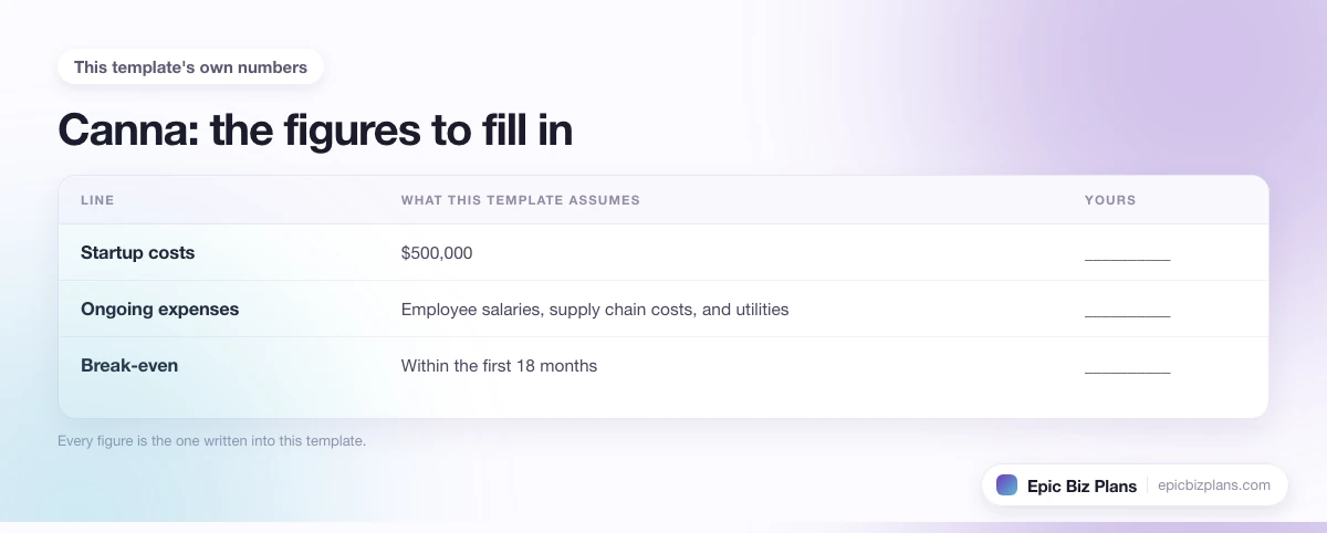 The startup cost, projected revenue and ongoing expenses this Canna template assumes, with a blank column to fill in.