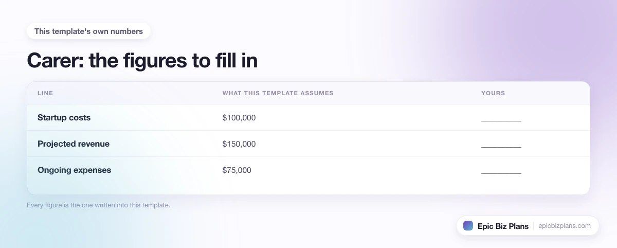 The startup cost, projected revenue and ongoing expenses this Carer template assumes, with a blank column to fill in.