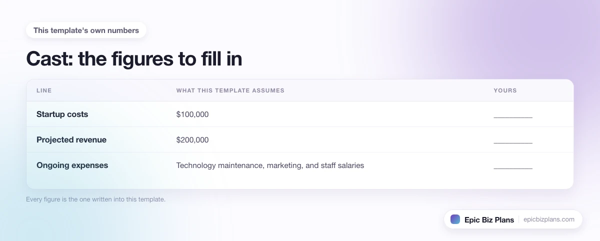 The startup cost, projected revenue and ongoing expenses this Cast template assumes, with a blank column to fill in.