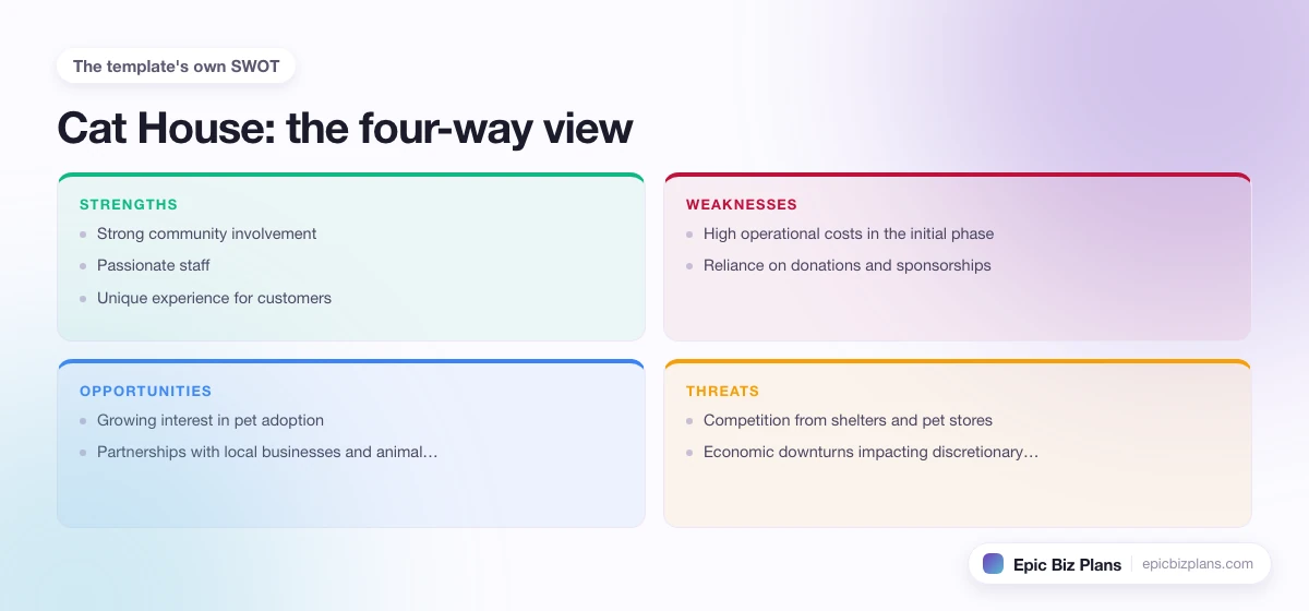A four-quadrant SWOT grid for a Cat House business: strengths, weaknesses, opportunities and threats.