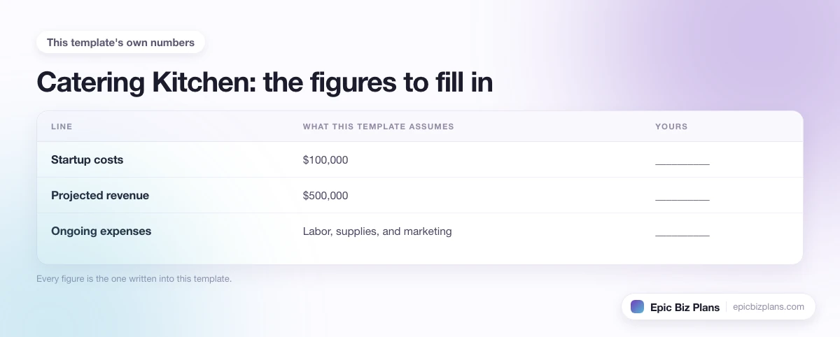 The startup cost, projected revenue and ongoing expenses this Catering Kitchen template assumes, with a blank column to fill in.