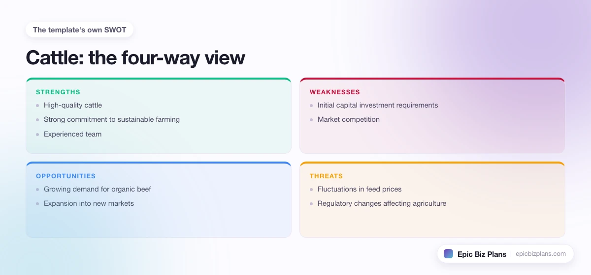 A four-quadrant SWOT grid for a Cattle business: strengths, weaknesses, opportunities and threats.