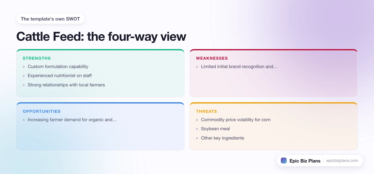 A four-quadrant SWOT grid for a Cattle Feed business: strengths, weaknesses, opportunities and threats.